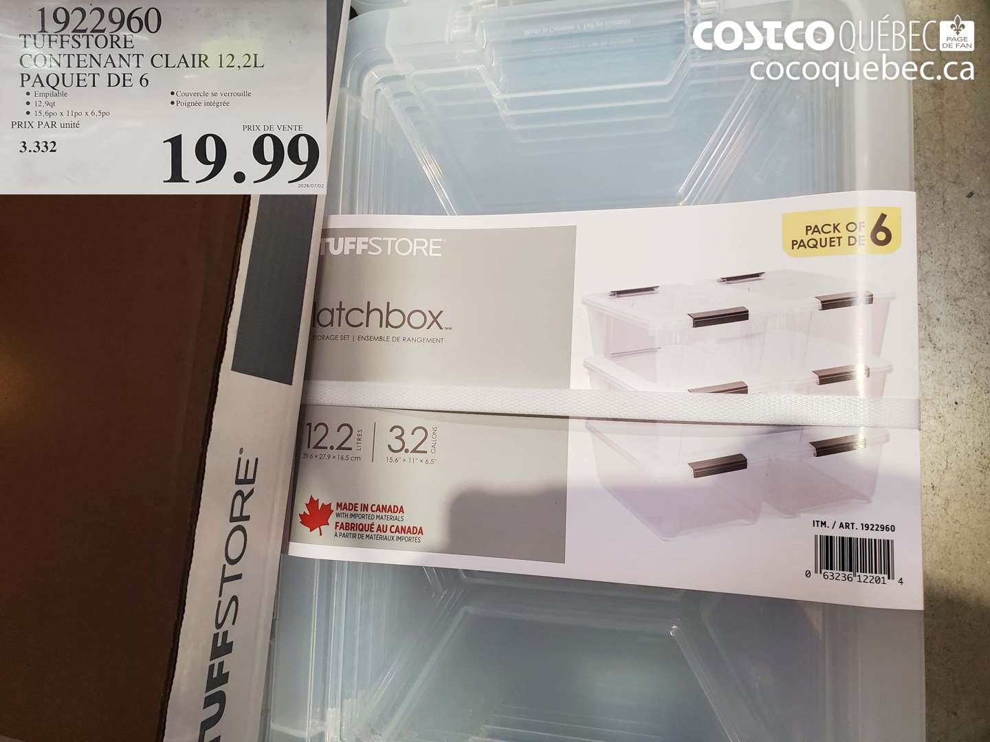 1922960 TUFFSTORE CONTENANT CLAIR 12.2L PAQUET DE 6 $19.99