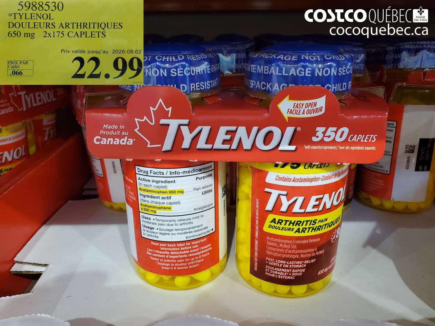 5988530 TYLENOL DOULEURS ARTHRITIQUES 650 MG 2X175 CAPLETS (EXPIRES ON 2026-08-02) $22.99