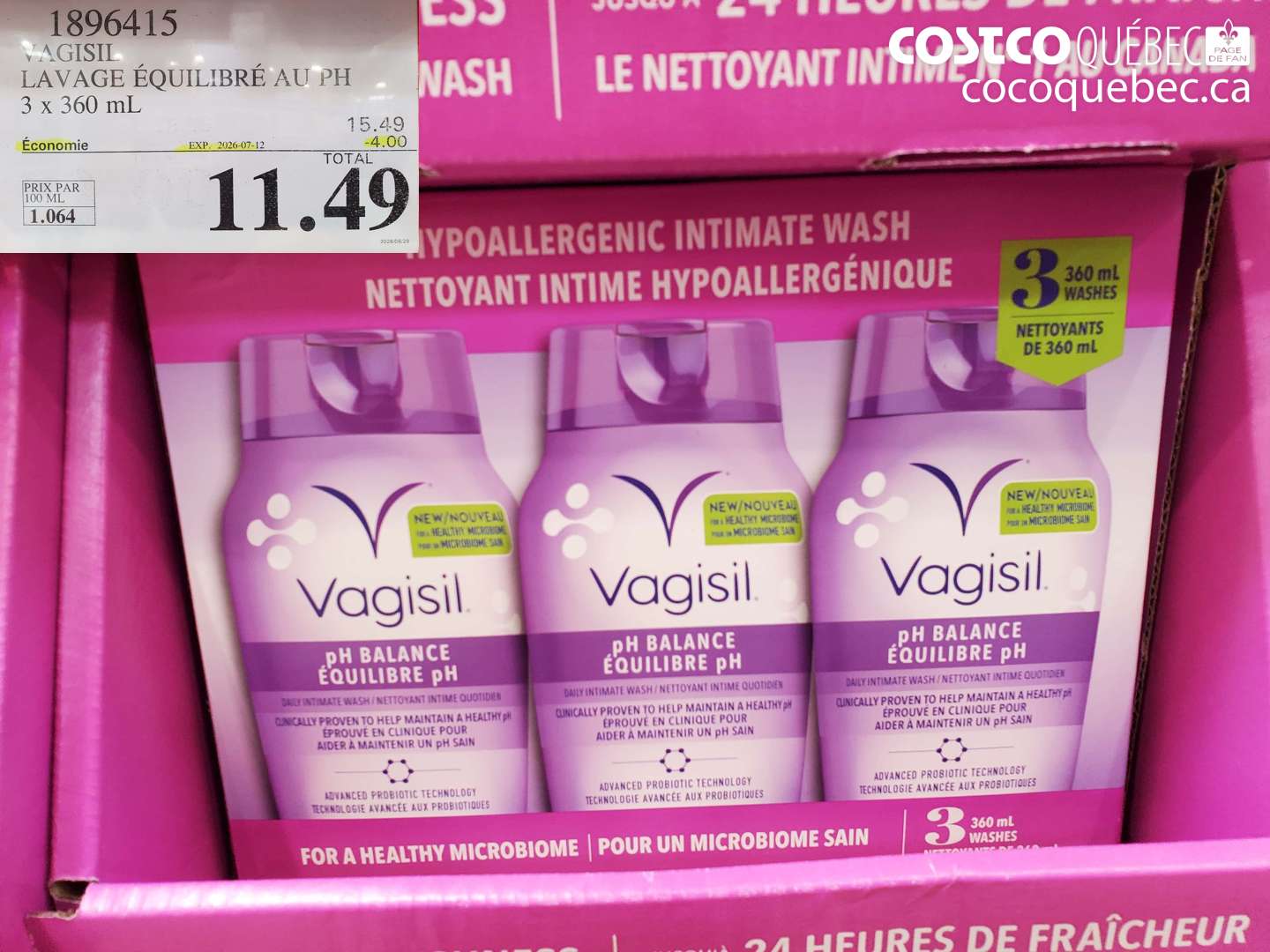 1896415 VAGISIL LAVAGE ÉQUILIBRÉ AU PH 3 X 360 ML ($4.00 INSTANT SAVINGS EXPIRES ON 2026-07-12) $11.49