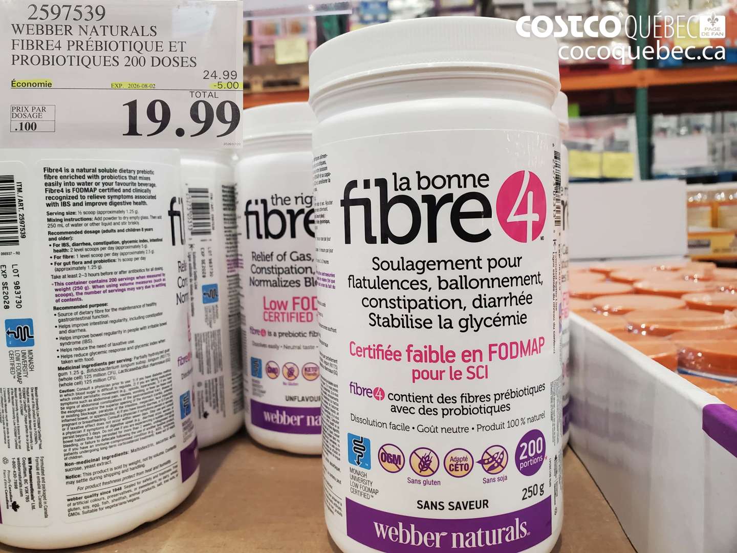 2597539 WEBBER NATURALS FIBRE4 PRÉBIOTIQUE ET PROBIOTIQUES 200 DOSES ($5.00 INSTANT SAVINGS EXPIRES ON 2026-08-02) $19.99