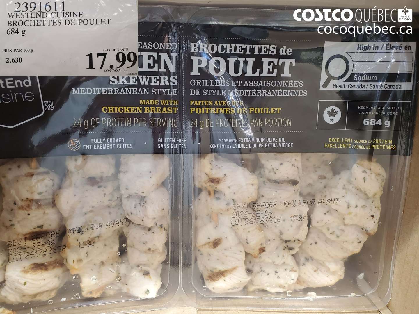 2391611 WESTEND CUISINE BROCHETTES DE POULET 684 G $17.99