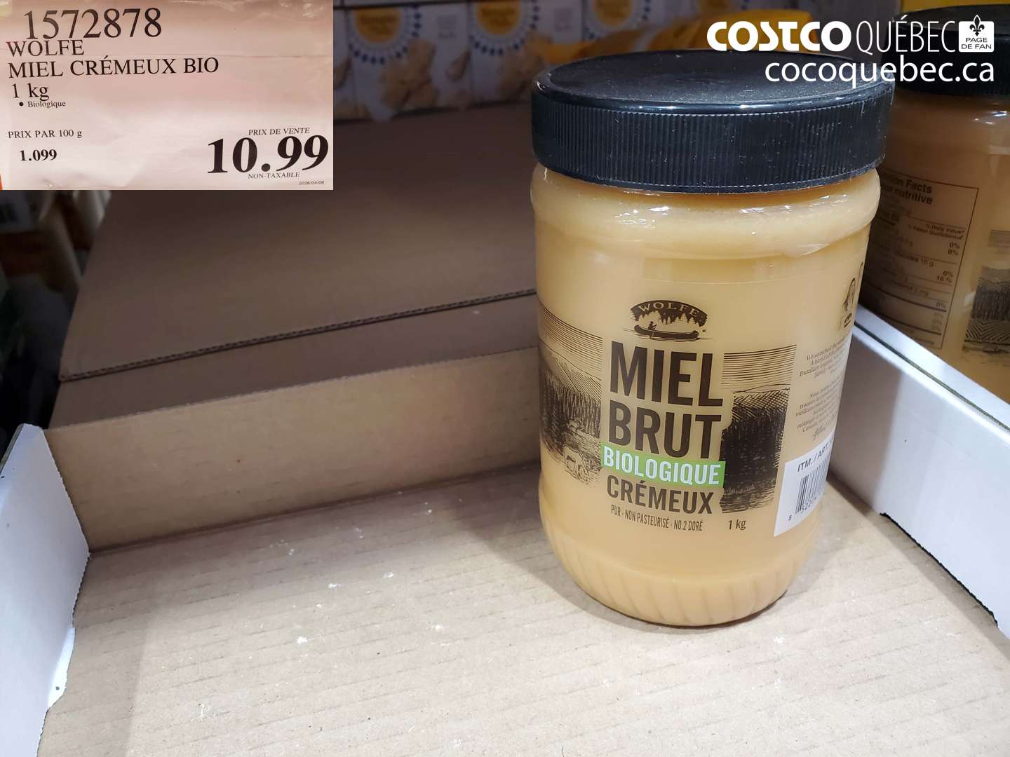 1572878 WOLFE MIEL CRÉMEUX BIO 1 KG $10.99
