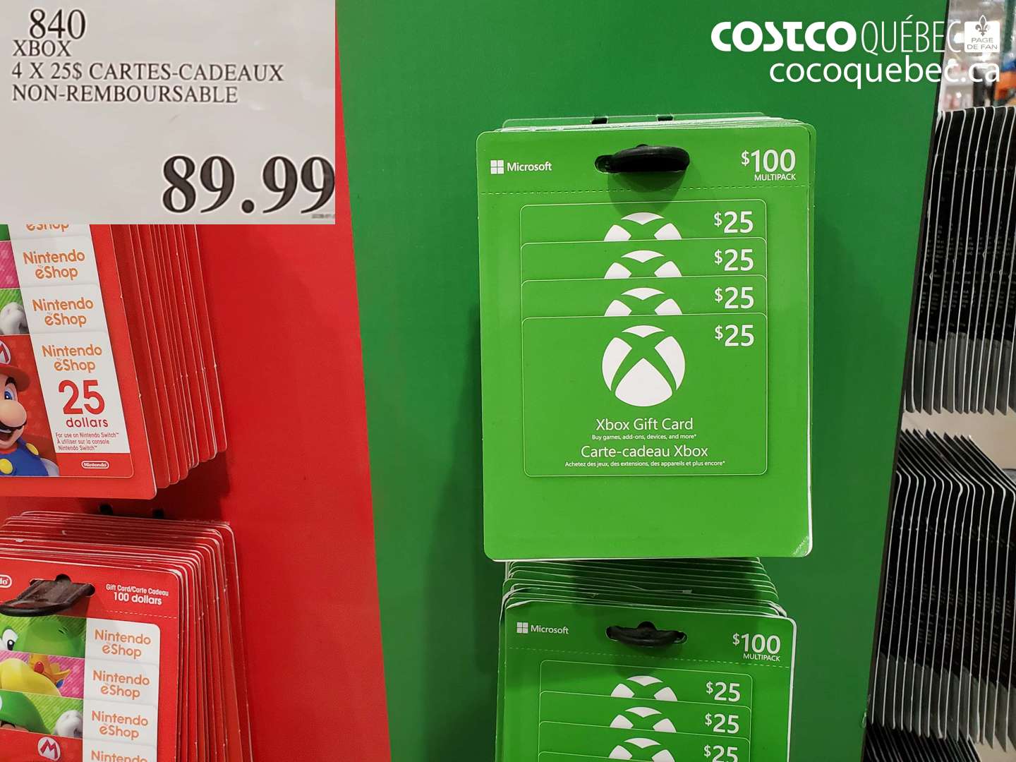 840 XBOX 4 X 25$ CARTES-CADEAUX NON-REMBOURSABLE $89.99