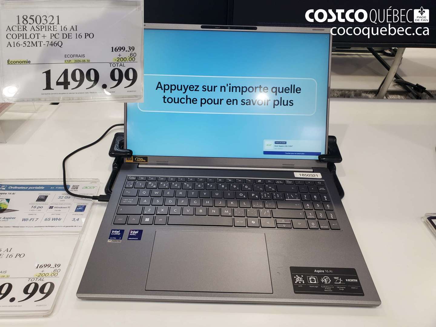 1850321 ACER ASPIRE 16 AI COPILOT+ PC DE 16 PO A16-52MT-746Q ($200.00 INSTANT SAVINGS EXPIRES ON 2026-08-30) $1499.99