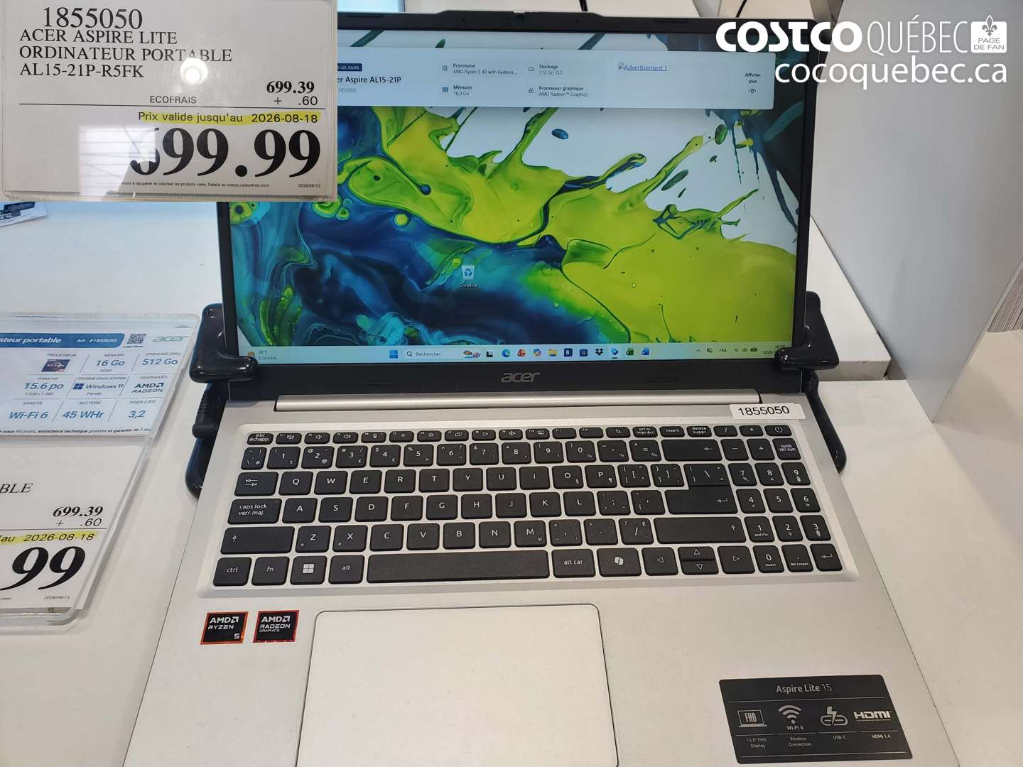 1855050 ACER ASPIRE LITE ORDINATEUR PORTABLE AL15-21P-R5FK (EXPIRES ON 2026-08-18) $599.99