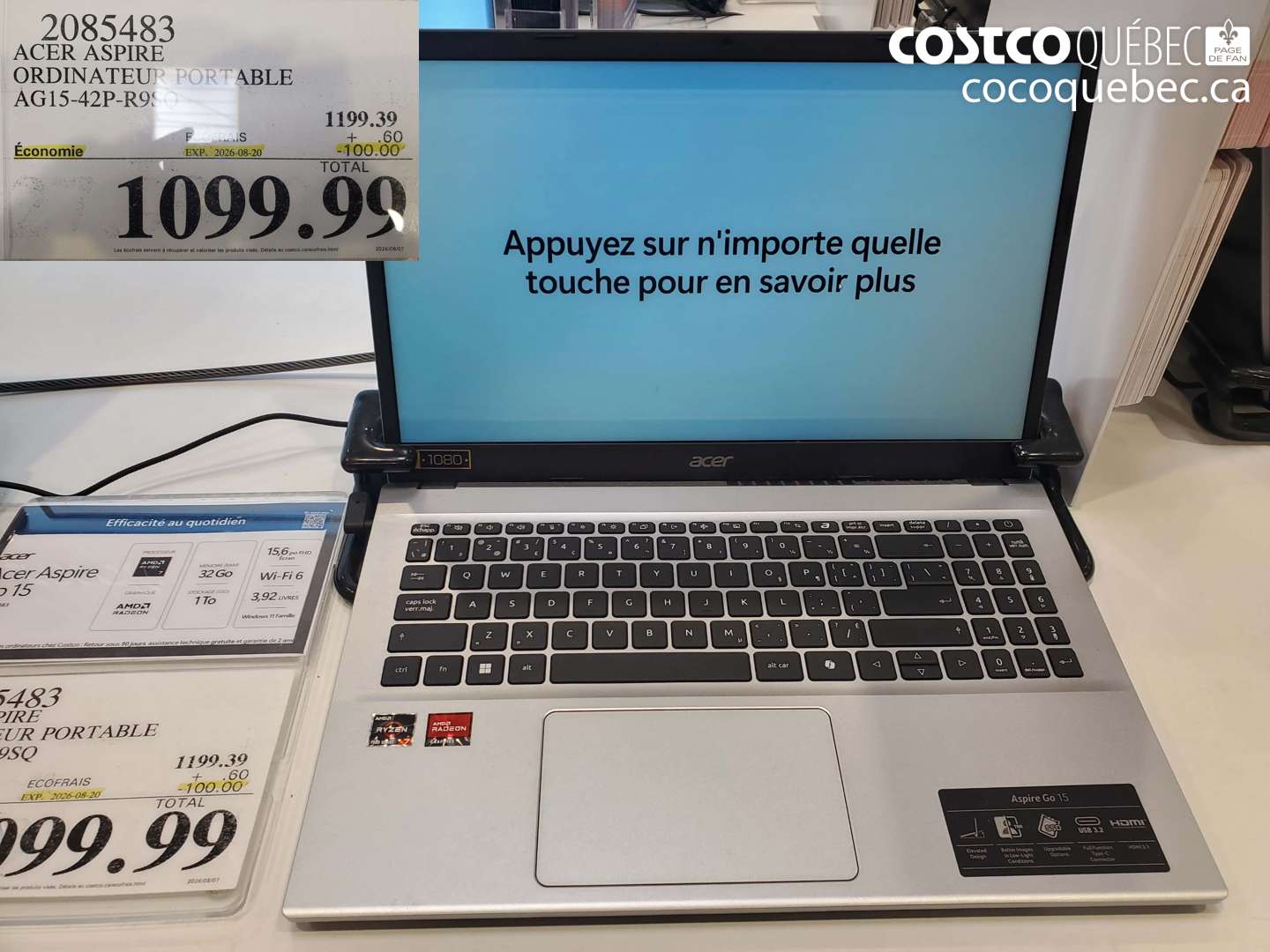 2085483 ACER ASPIRE ORDINATEUR PORTABLE AG15-42P-R9SQ ($100.00 INSTANT SAVINGS EXPIRES ON 2026-08-20) $1099.99