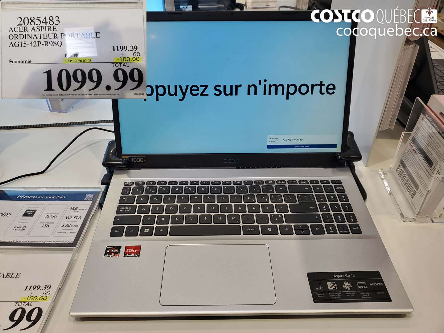2085483 ACER ASPIRE ORDINATEUR PORTABLE AG15-42P-R9SQ ($100.00 INSTANT SAVINGS EXPIRES ON 2026-09-03) $1099.99