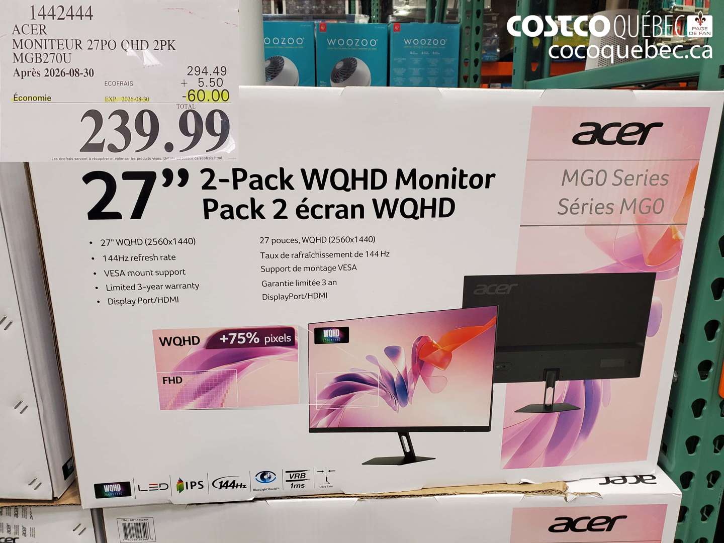 1442444 ACER MONITEUR 27PO QHD 2PK MGB270U ($60.00 INSTANT SAVINGS EXPIRES ON 2026-08-30) $239.99