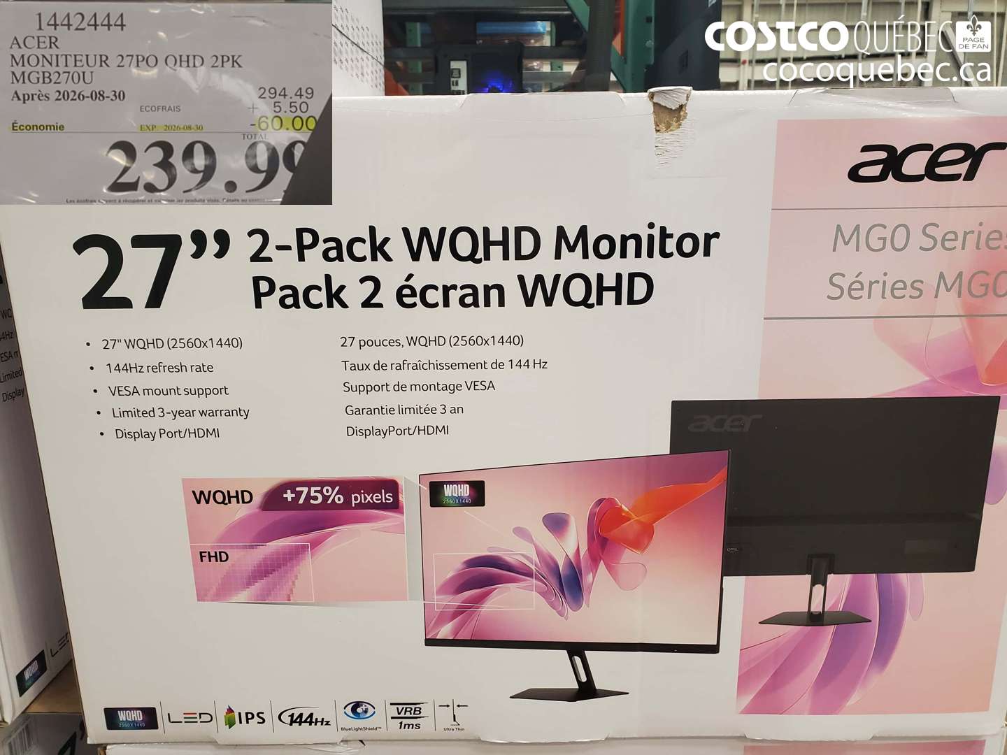 1442444 ACER MONITEUR 27PO QHD 2PK MGB270U ($60.00 INSTANT SAVINGS EXPIRES ON 2026-08-30) $239.99
