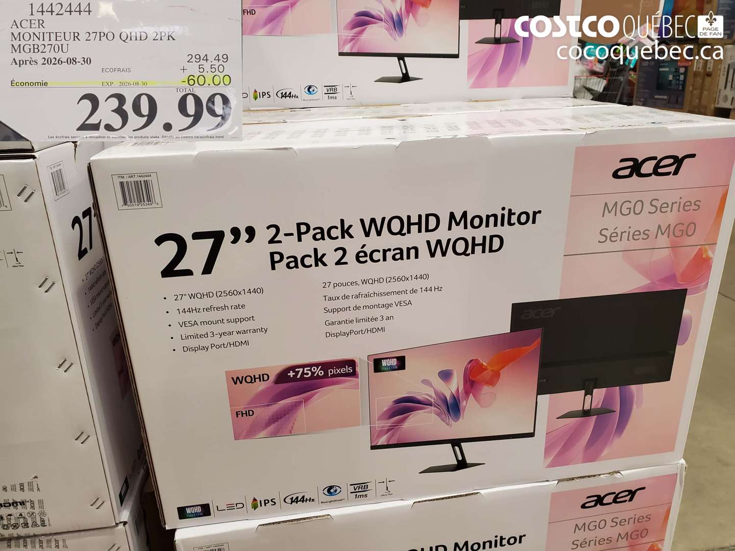1442444 ACER MONITEUR 27PO QHD 2PK MGB270U ($60.00 INSTANT SAVINGS EXPIRES ON 2026-08-30) $239.99