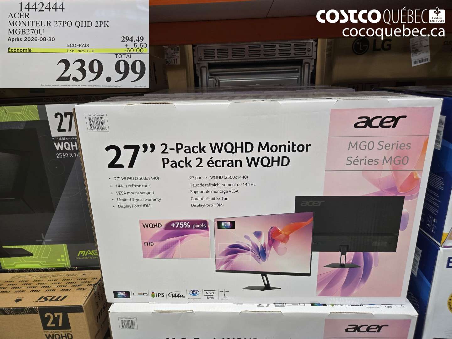 1442444 ACER MONITEUR 27PO QHD 2PK MGB270U ($60.00 INSTANT SAVINGS EXPIRES ON 2026-08-30) $239.99