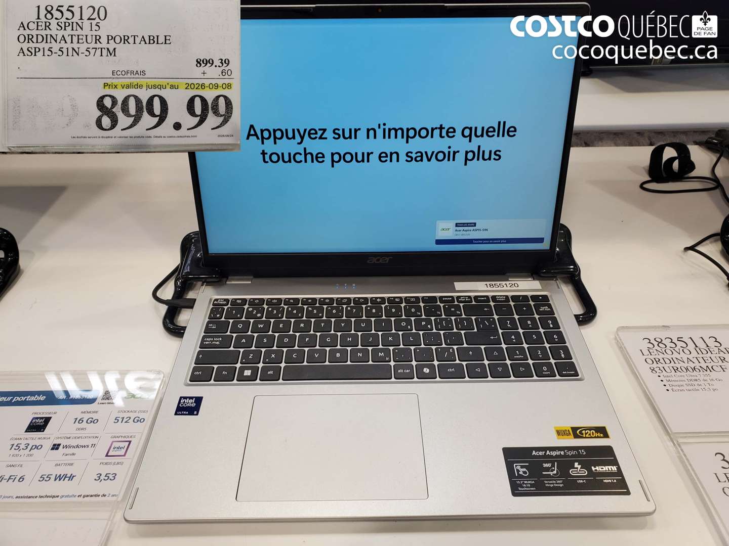 1855120 ACER SPIN 15 ORDINATEUR PORTABLE ASP15-51N-57TM (EXPIRES ON 2026-09-08) $899.99
