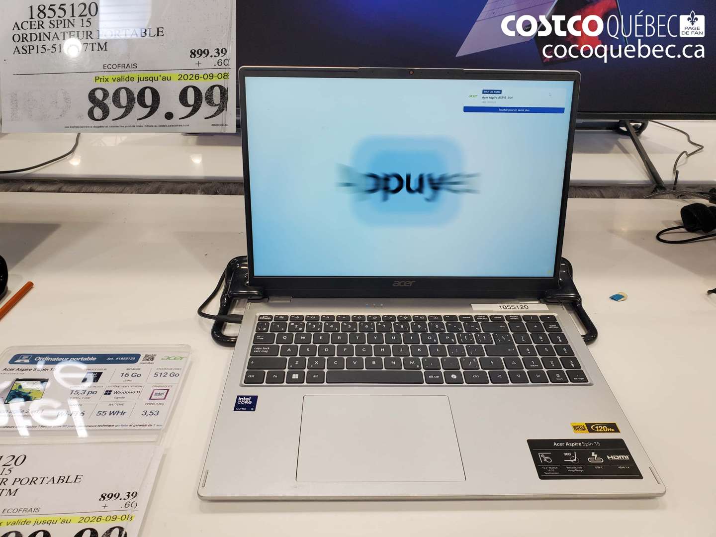 1855120 ACER SPIN 15 ORDINATEUR PORTABLE ASP15-51T-7TM (EXPIRES ON 2026-09-08) $899.99