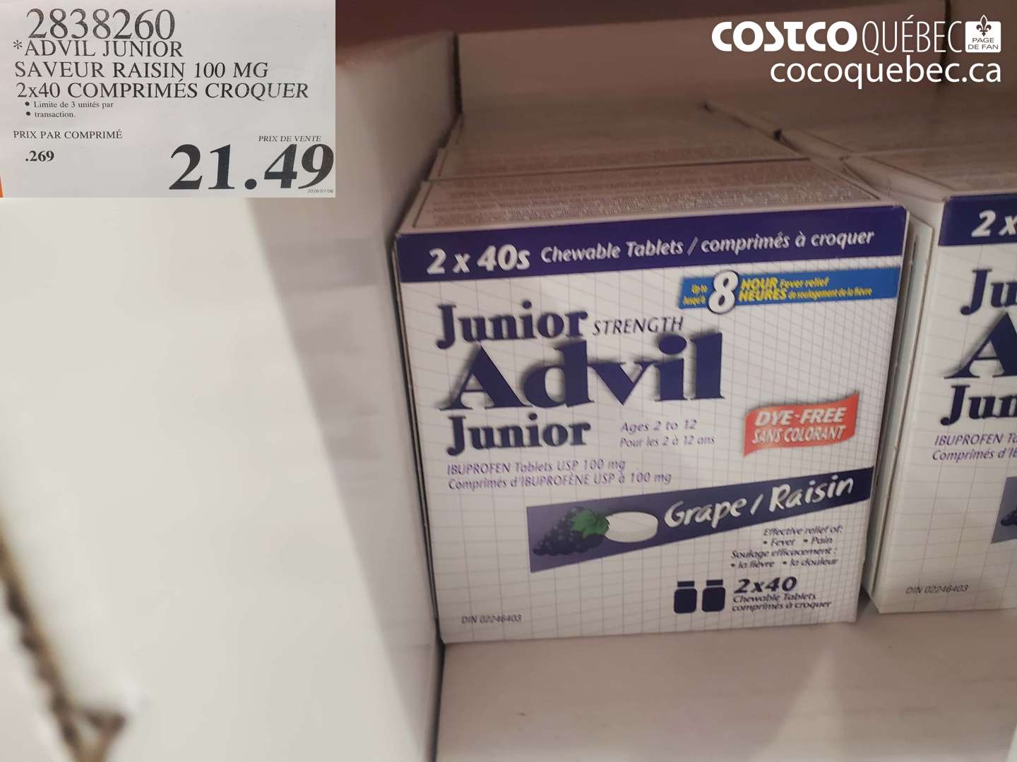 2838260 ADVIL JUNIOR SAVEUR RAISIN 100 MG 2X40 COMPRIMÉS CROQUER $21.49