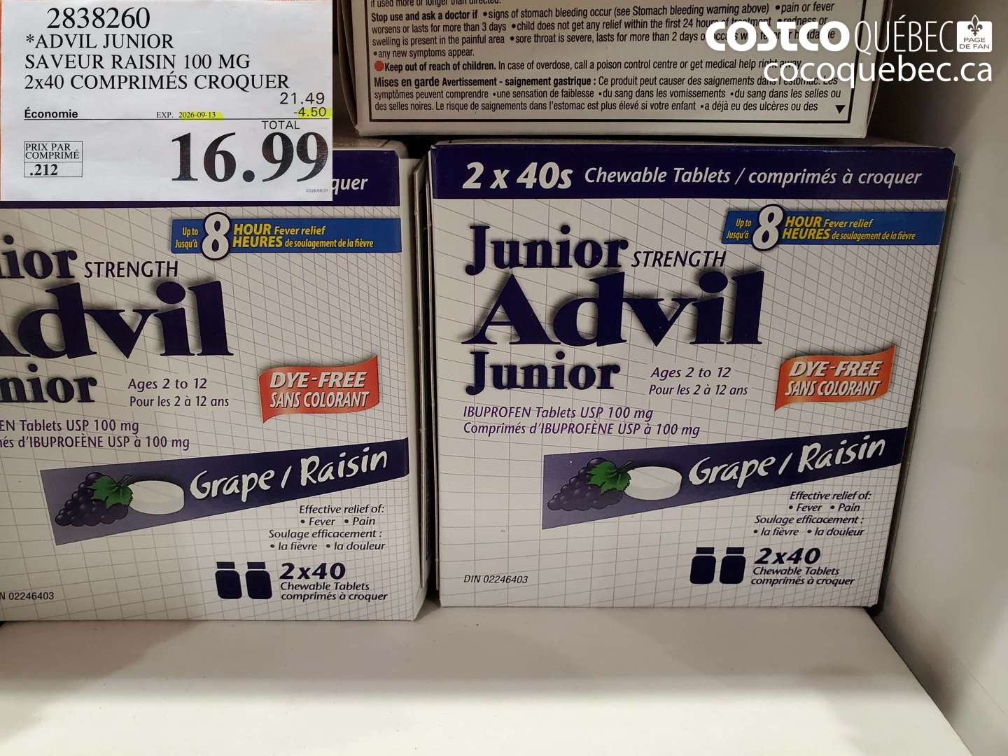 2838260 ADVIL JUNIOR SAVEUR RAISIN 100 MG 2X40 COMPRIMÉS CROQUER ($4.50 INSTANT SAVINGS EXPIRES ON 2026-09-13) $16.99