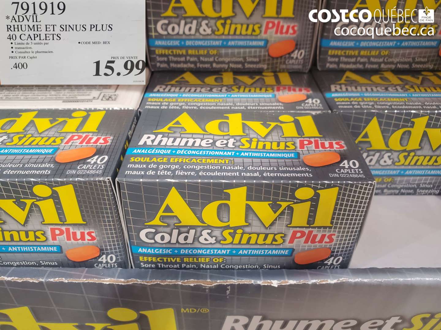 791919 ADVIL RHUME ET SINUS PLUS 40 CAPLETS $15.99