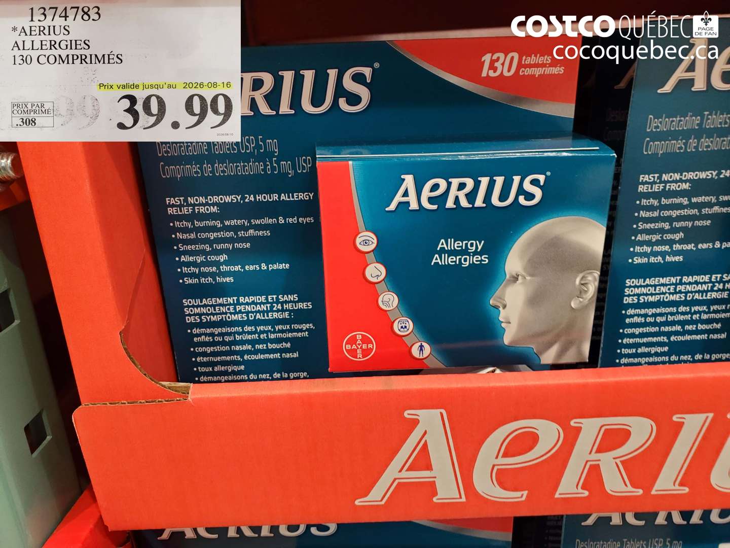1374783 AERIUS ALLERGIES 130 COMPRIMÉS (EXPIRES ON 2026-08-16) $39.99