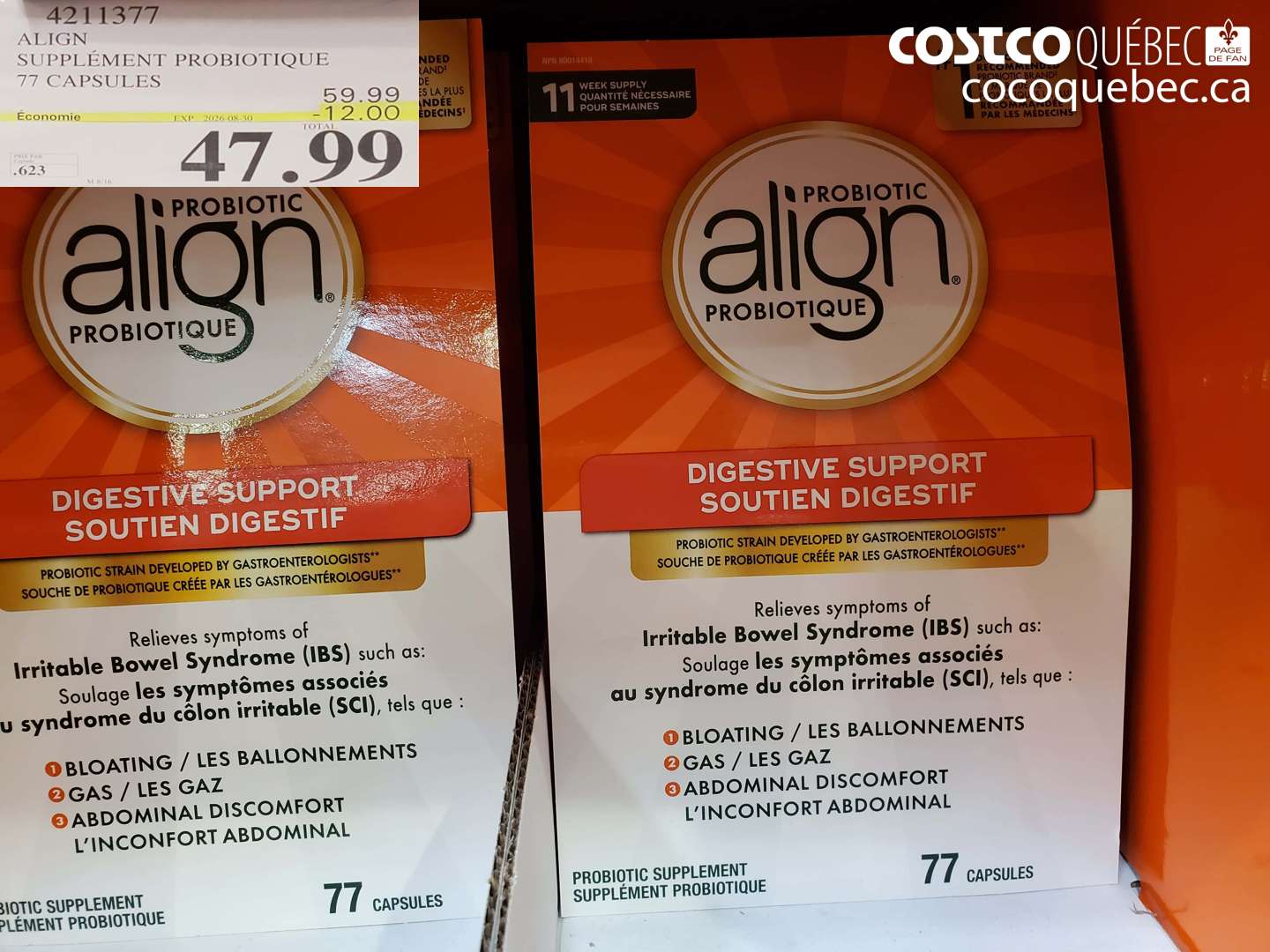 4211377 ALIGN SUPPLÉMENT PROBIOTIQUE 77 CAPSULES ($12.00 INSTANT SAVINGS EXPIRES ON 2026-08-30) $47.99