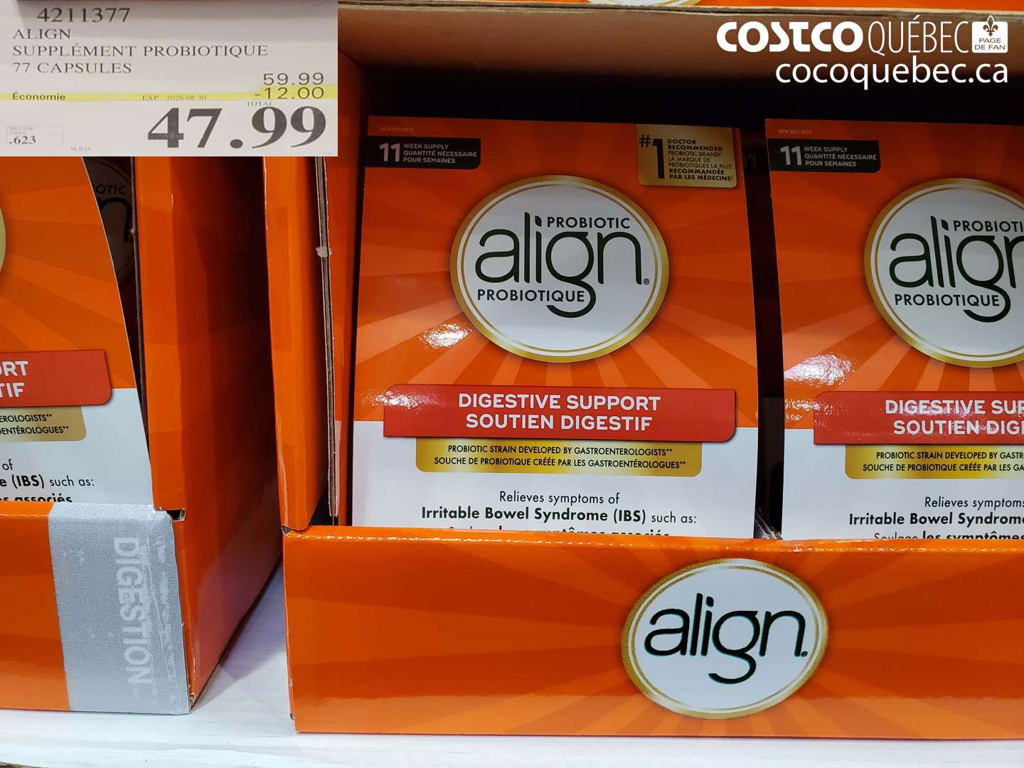 4211377 ALIGN SUPPLÉMENT PROBIOTIQUE 77 CAPSULES ($12.00 INSTANT SAVINGS EXPIRES ON 2026-08-30) $47.99