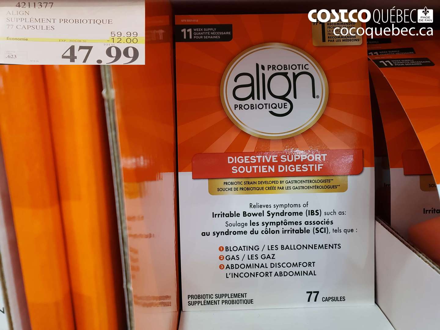 4211377 ALIGN SUPPLÉMENT PROBIOTIQUE 77 CAPSULES ($12.00 INSTANT SAVINGS EXPIRES ON 2026-08-30) $47.99