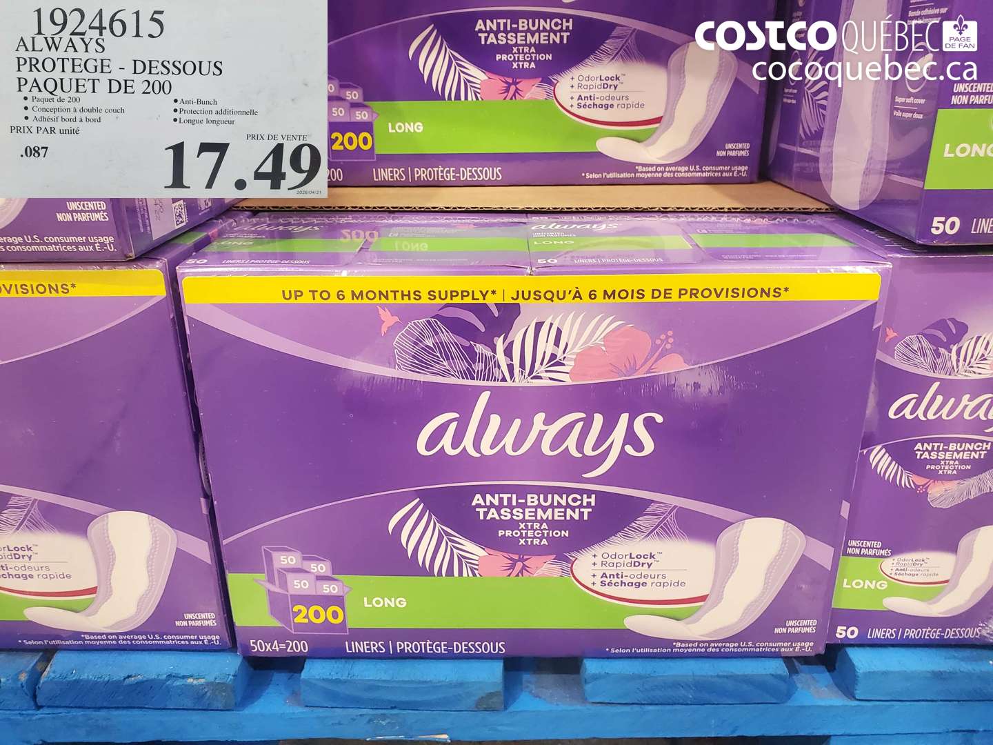 1924615 ALWAYS PROTEGE - DESSOUS PAQUET DE 200 $17.49