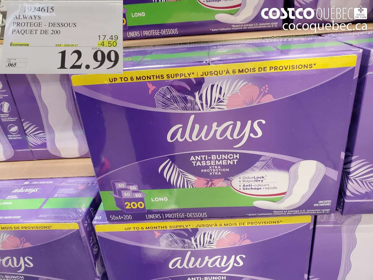 1924615 ALWAYS PROTEGE - DESSOUS PAQUET DE 200 ($4.50 INSTANT SAVINGS EXPIRES ON 2026-09-27) $12.99