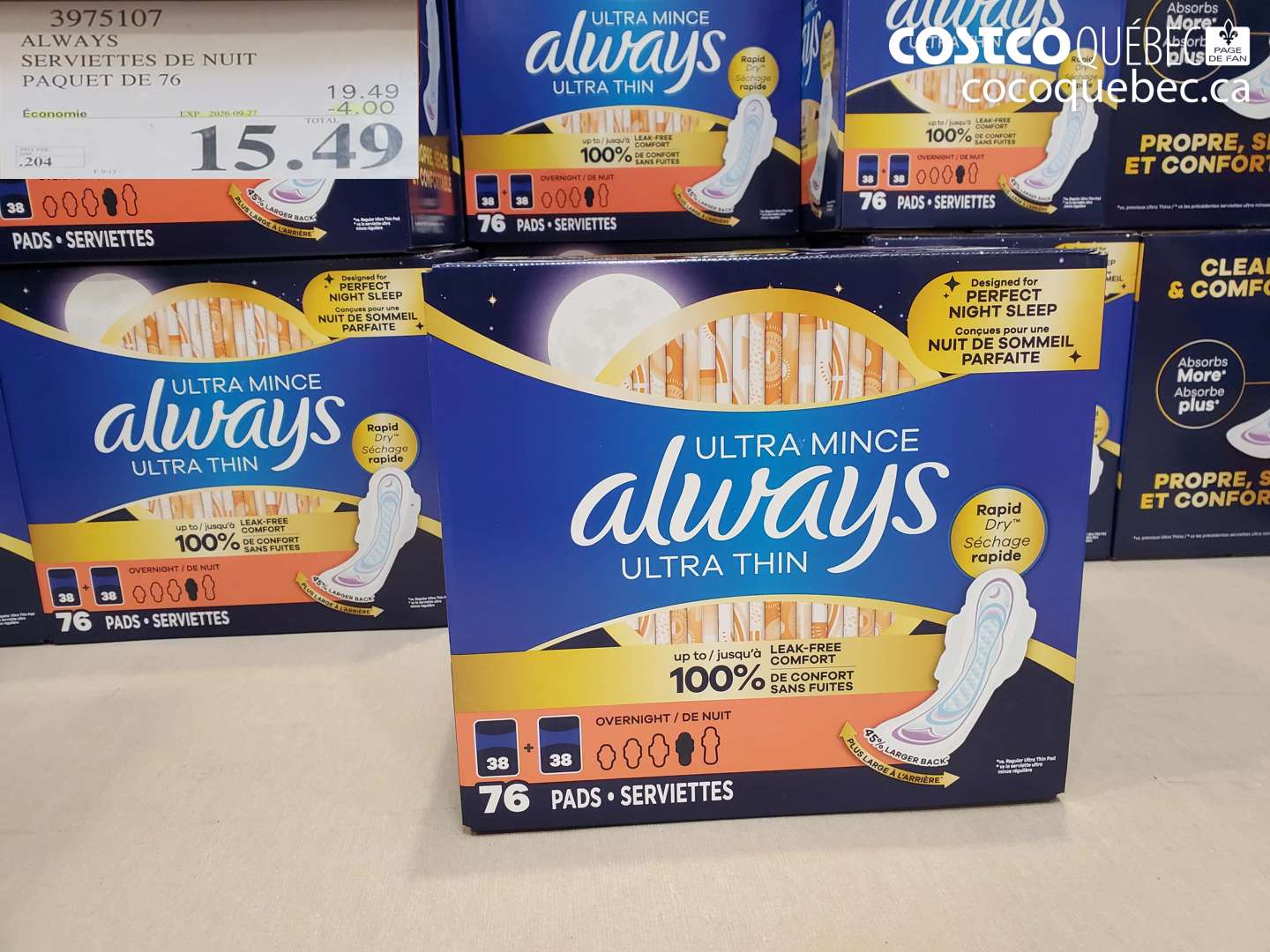 3975107 ALWAYS SERVIETTES DE NUIT PAQUET DE 76 ($4.00 INSTANT SAVINGS EXPIRES ON 2026-09-27) $15.49