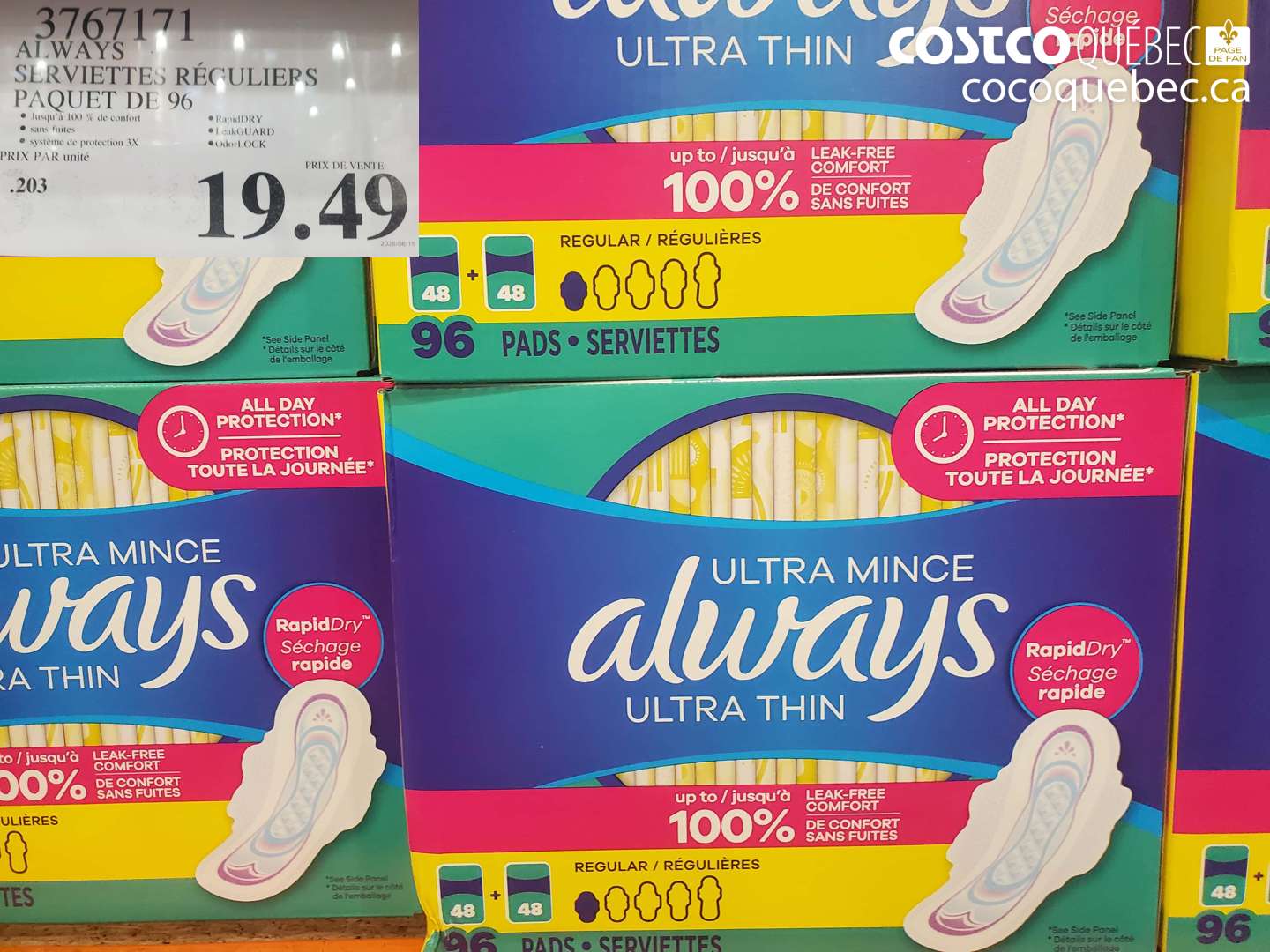 3767171 ALWAYS SERVIETTES RÉGULIERS PAQUET DE 96 $19.49