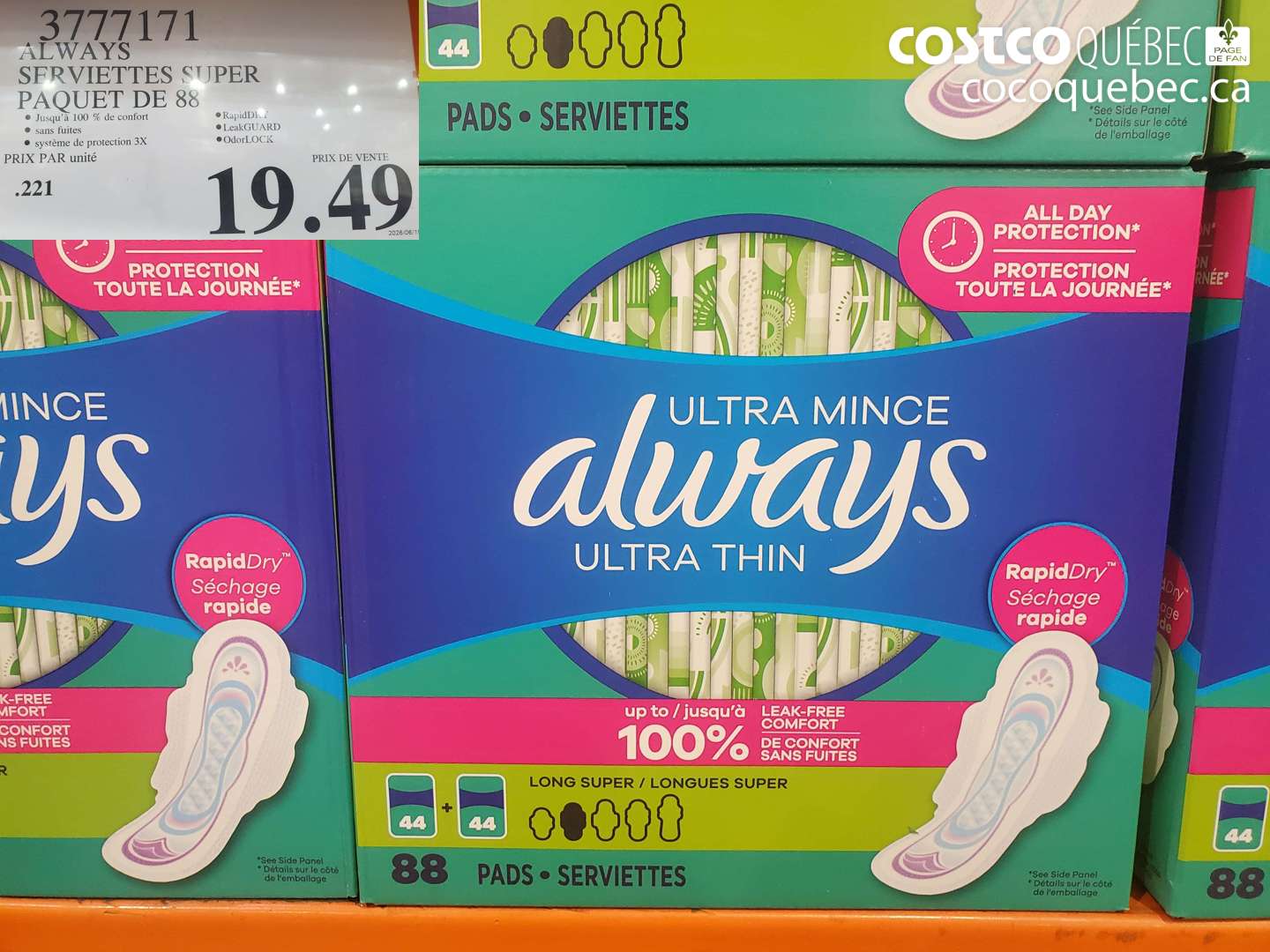 3777171 ALWAYS SERVIETTES SUPER PAQUET DE 88 $19.49