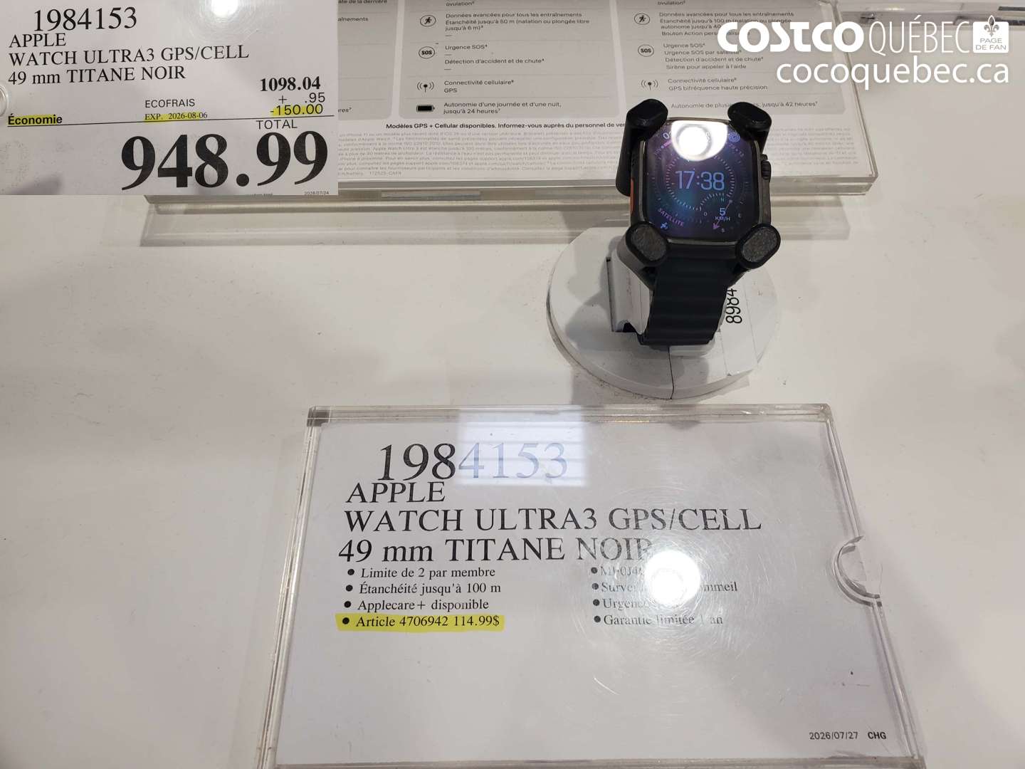 1984153 APPLE WATCH ULTRA3 GPS/CELL 49 MM TITANE NOIR ($150.00 INSTANT SAVINGS EXPIRES ON 2026-08-06) $948.99