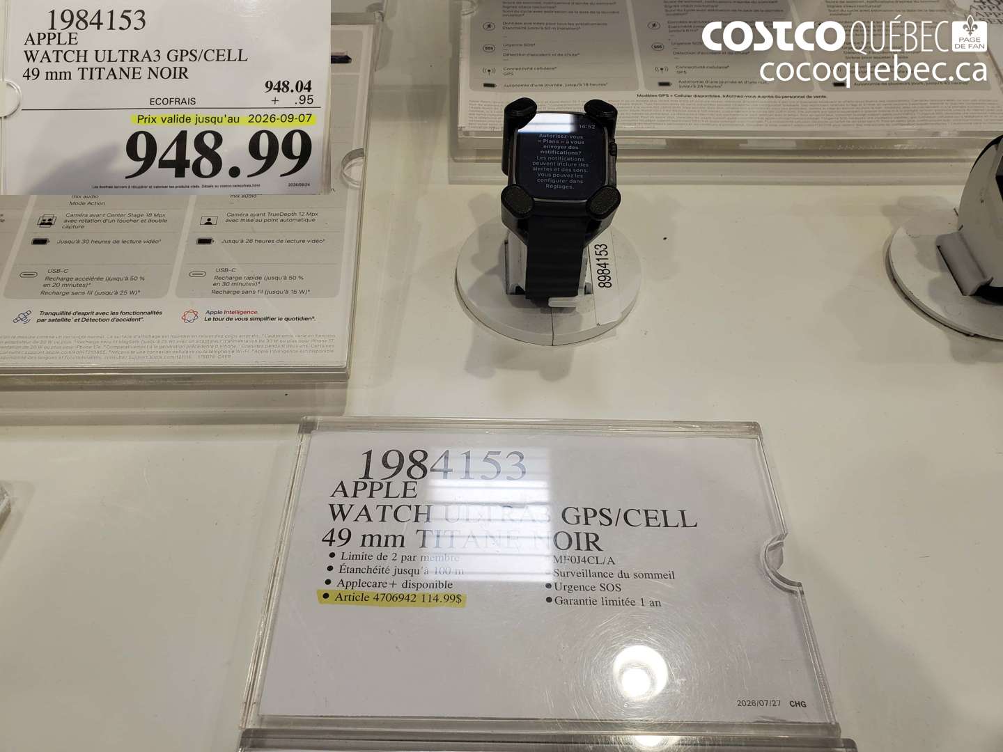 1984153 APPLE WATCH ULTRA3 GPS/CELL 49 MM TITANE NOIR (EXPIRES ON 2026-09-07) $948.99