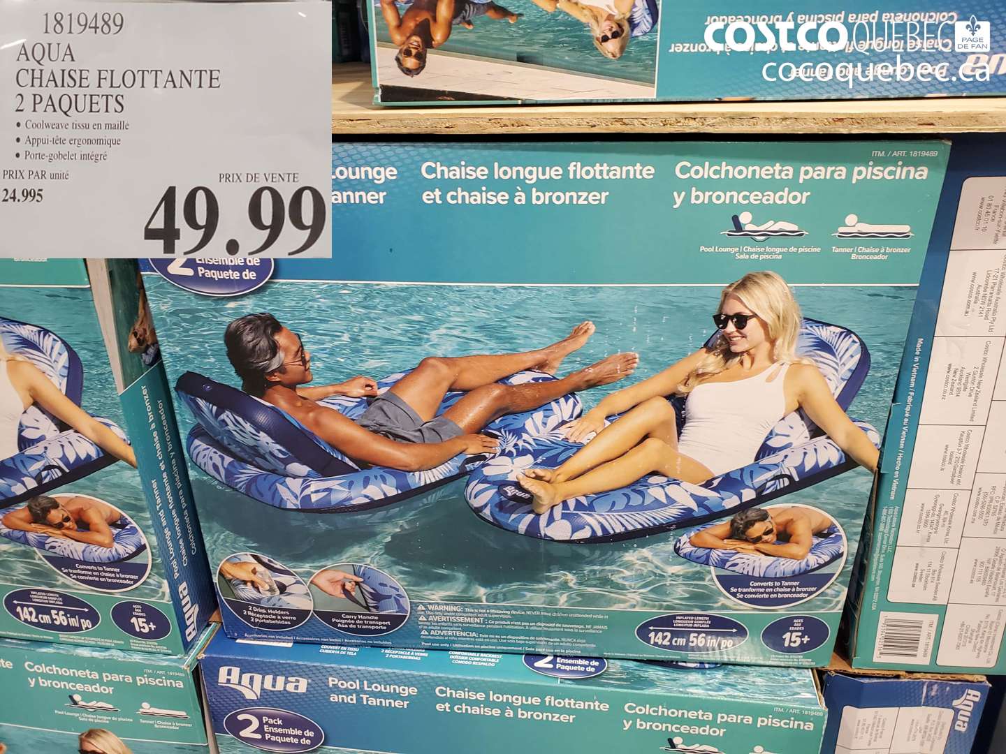 1819489 AQUA CHAISE FLOTTANTE 2 PAQUETS $49.99