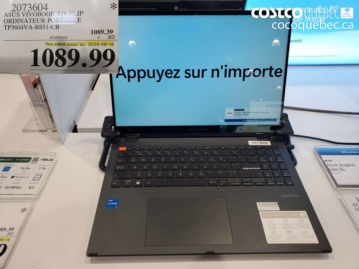 2073604 ASUS VIVOBOOK S16 FLIP ORDINATEUR PORTABLE TP3604VA-BS51-CB (EXPIRES ON 2026-08-16) $1089.99
