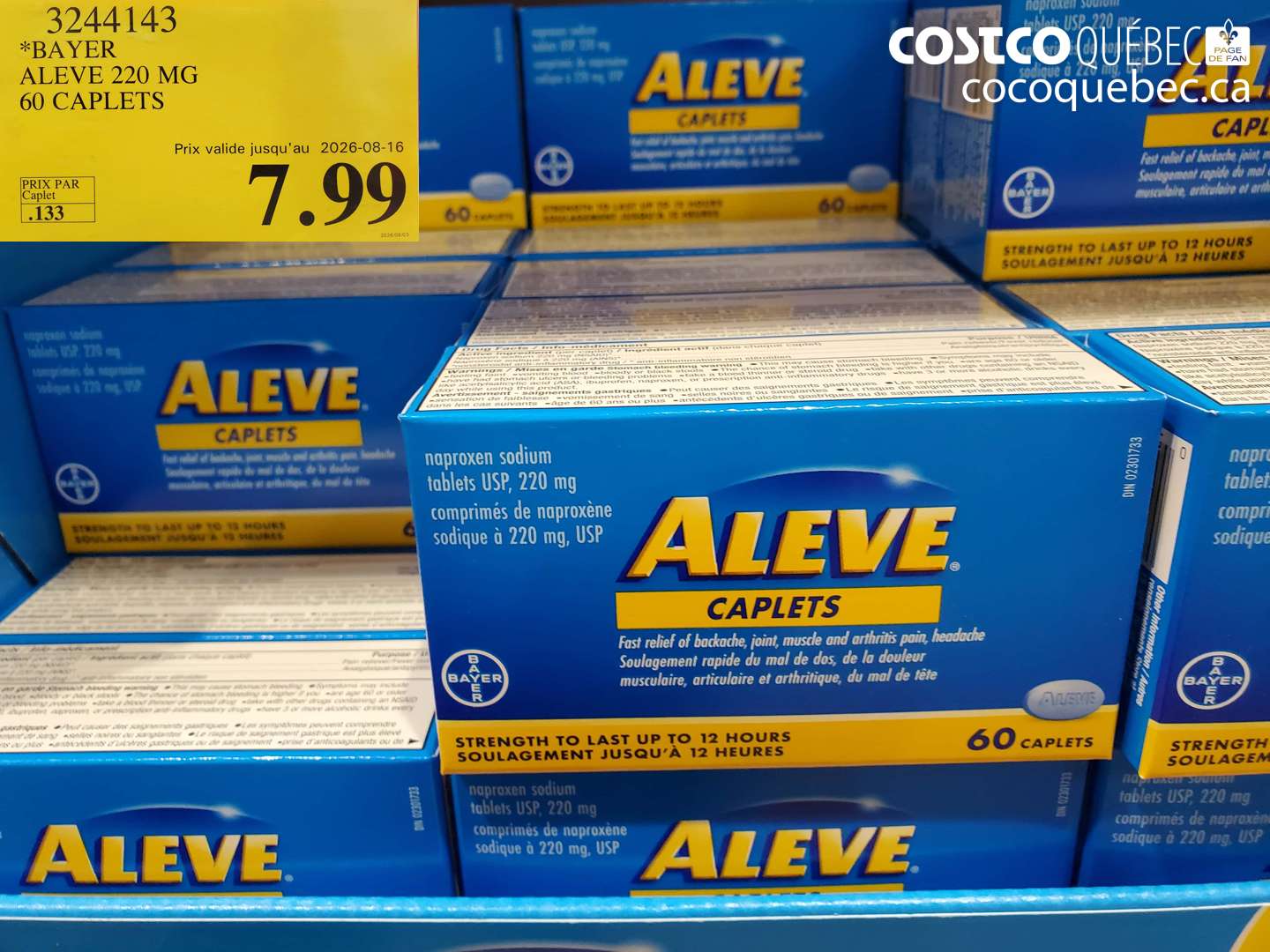 3244143 BAYER ALEVE 220 MG 60 CAPLETS (EXPIRES ON 2026-08-16) $7.99