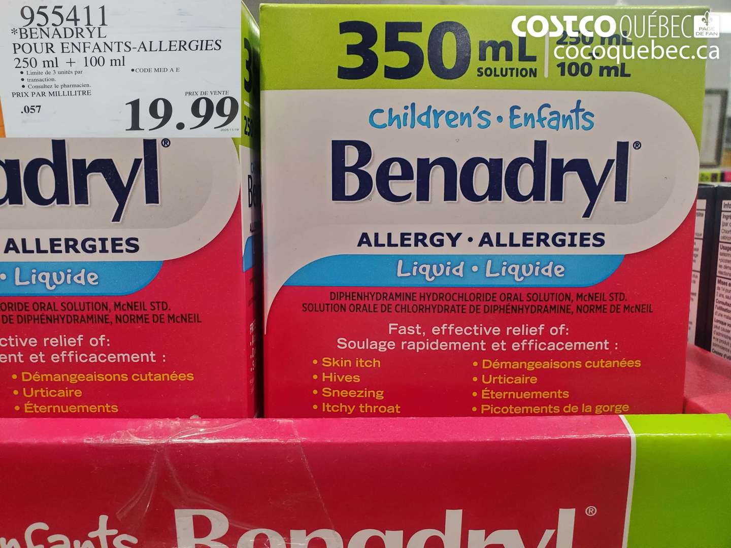 955411 BENADRYL POUR ENFANTS-ALLERGIES 250 ML + 100 ML $19.99