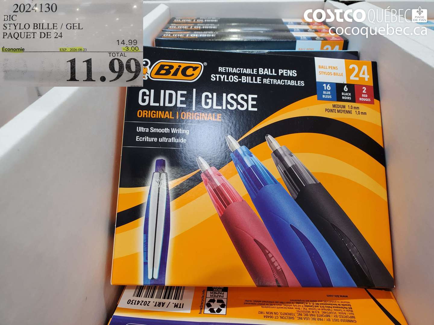 2024130 BIC STYLO BILLE / GEL PAQUET DE 24 ($3.00 INSTANT SAVINGS EXPIRES ON 2026-08-23) $11.99