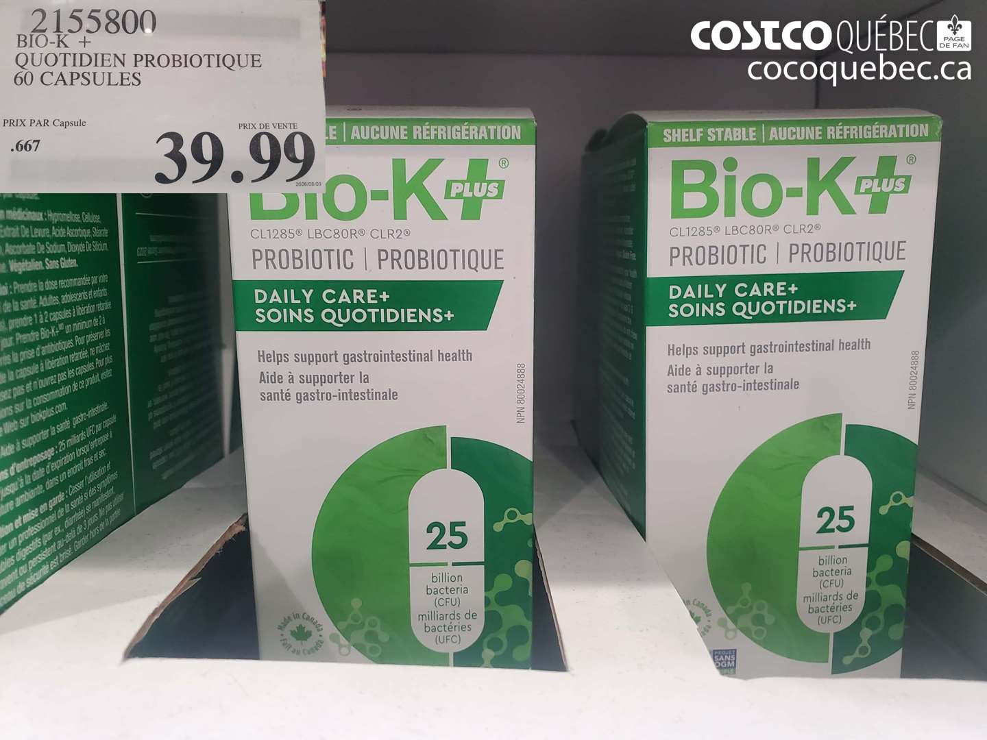 2155800 BIO-K + QUOTIDIEN PROBIOTIQUE 60 CAPSULES $39.99