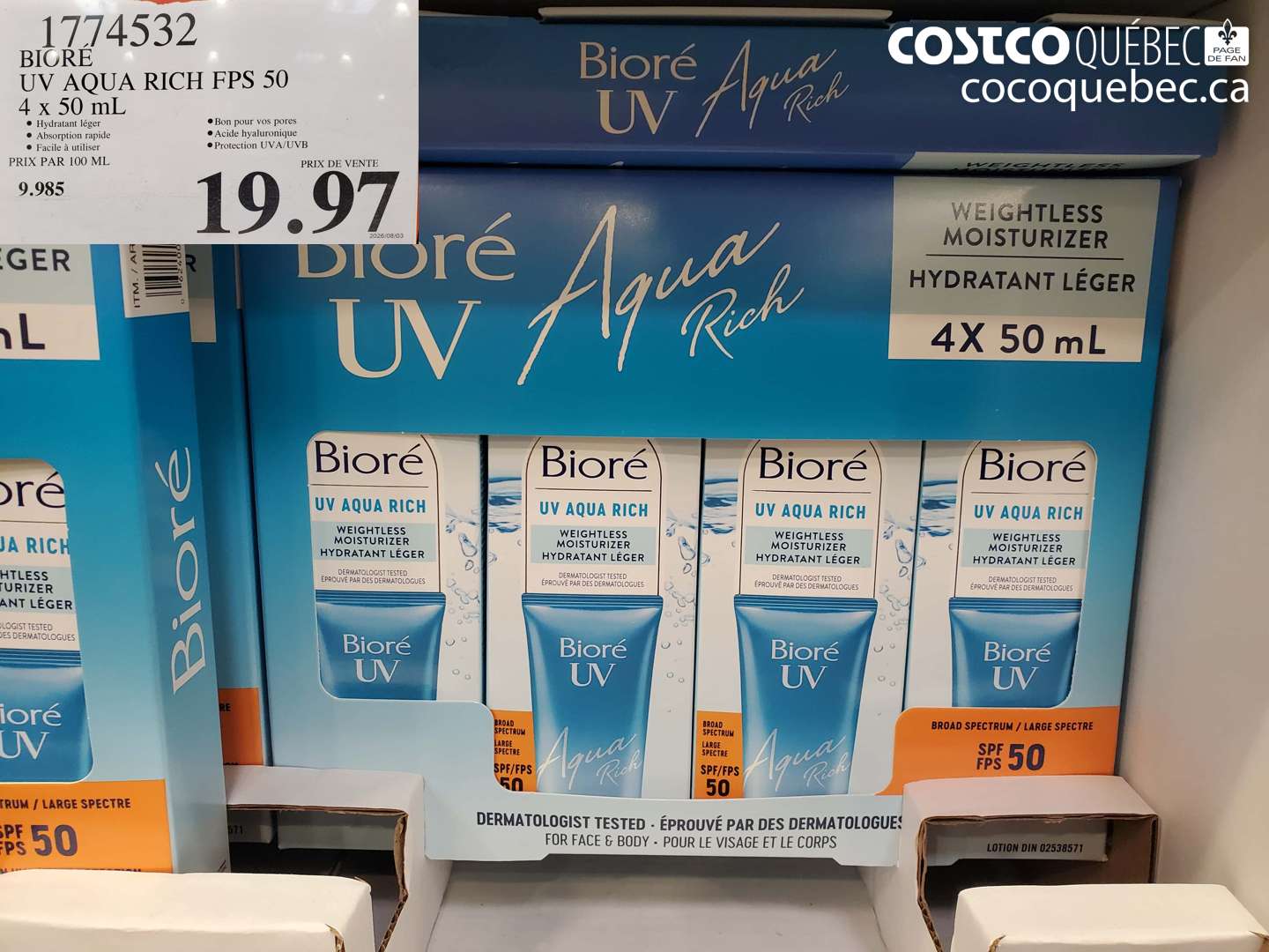 1774532 BIORÉ UV AQUA RICH FPS 50 4 X 50 ML $19.97