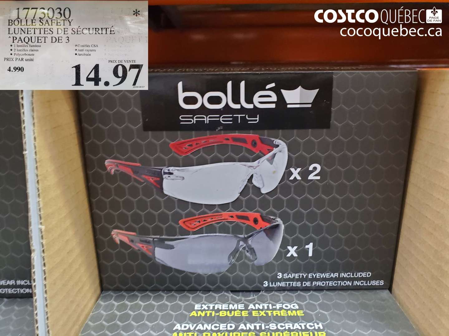 1773030 BOLLE SAFETY LUNETTES DE SÉCURITÉ PAQUET DE 3 $14.97