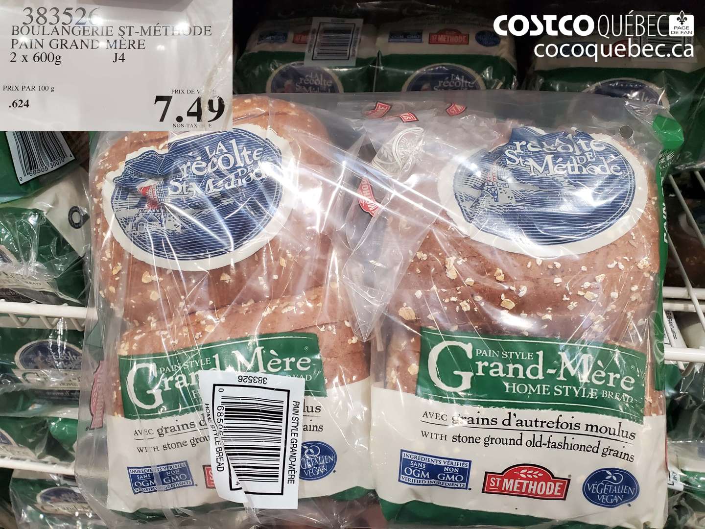 383526 BOULANGERIE ST-MÉTHODE PAIN GRAND-MÈRE 2 X 600G $7.49