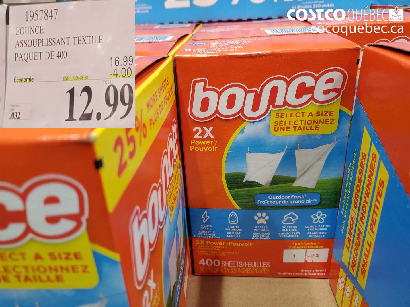 1957847 BOUNCE ASSOUPLISSANT TEXTILE PAQUET DE 400 ($4.00 INSTANT SAVINGS EXPIRES ON 2026-08-30) $12.99
