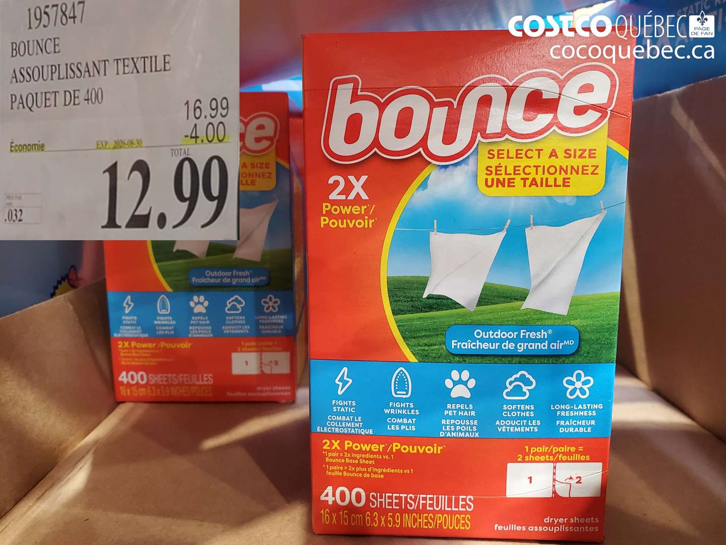 1957847 BOUNCE ASSOUPLISSANT TEXTILE PAQUET DE 400 ($4.00 INSTANT SAVINGS EXPIRES ON 2026-08-30) $12.99