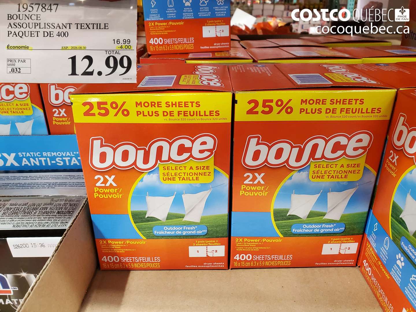 1957847 BOUNCE ASSOUPLISSANT TEXTILE PAQUET DE 400 ($4.00 INSTANT SAVINGS EXPIRES ON 2026-08-30) $12.99