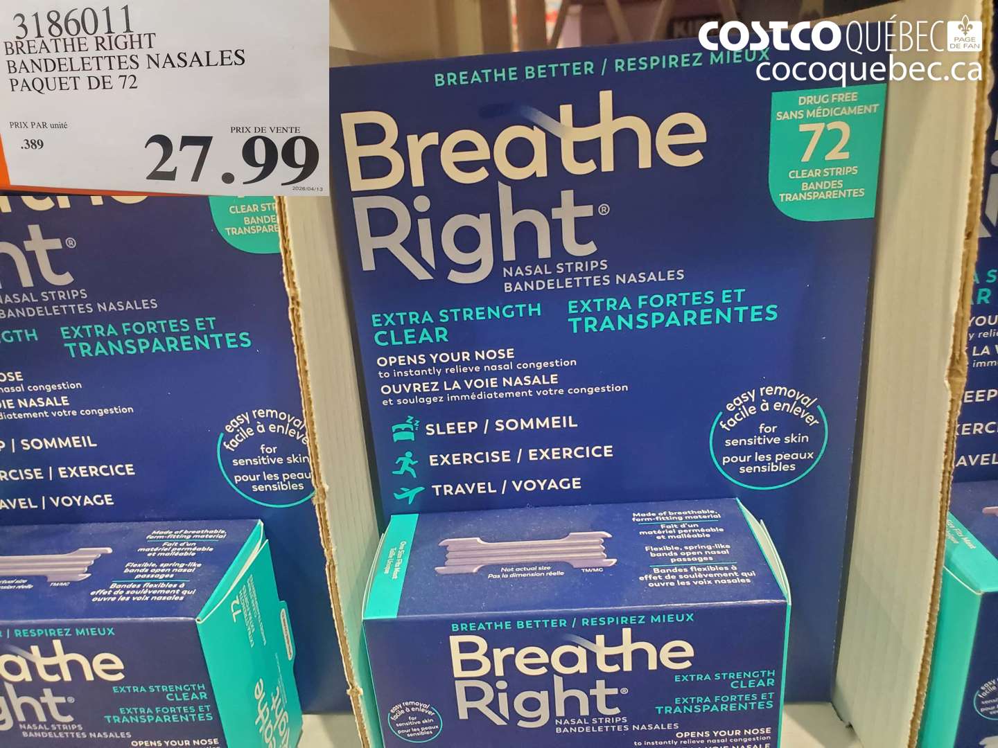 3186011 BREATHE RIGHT BANDELETTES NASALES PAQUET DE 72 $27.99