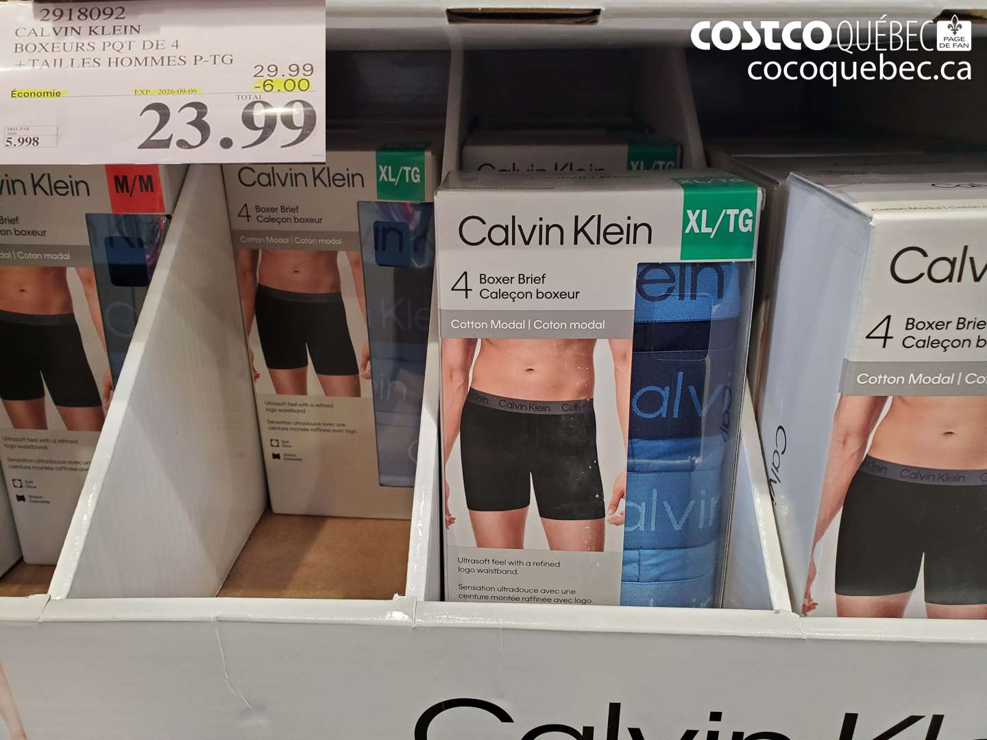2918092 CALVIN KLEIN BOXEURS PQT DE 4 + TAILLES HOMMES P-TG ($6.00 INSTANT SAVINGS EXPIRES ON 2026-09-06) $23.99
