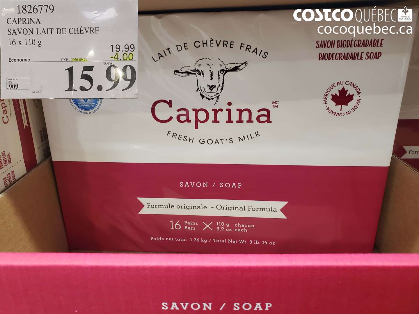 1826779 CAPRINA SAVON LAIT DE CHÈVRE ($4.00 INSTANT SAVINGS EXPIRES ON 2026-09-27) $15.99