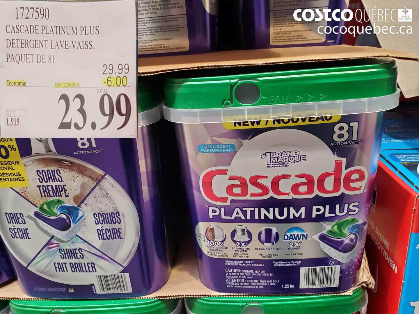 1727590 CASCADE PLATINUM PLUS DETERGENT LAVE-VAISS. PAQUET DE 81 ($6.00 INSTANT SAVINGS EXPIRES ON 2026-09-13) $23.99