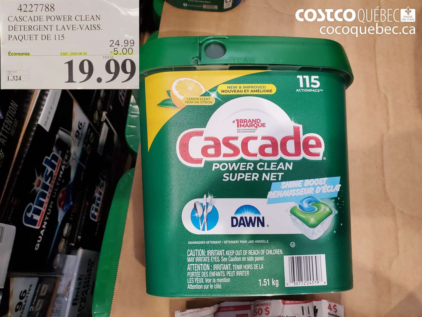 4227788 CASCADE POWER CLEAN DÉTERGENT LAVE-VAISS. PAQUET DE 115 ($5.00 INSTANT SAVINGS EXPIRES ON 2026-08-30) $19.99
