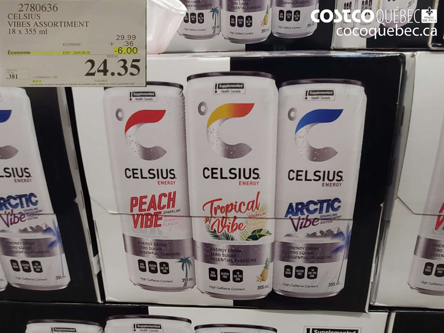 2780636 CELSIUS VIBES ASSORTIMENT 18 X 355 ML ($6.00 INSTANT SAVINGS EXPIRES ON 2026-08-30) $24.35