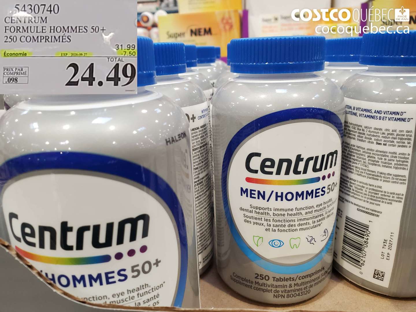 5430740 CENTRUM FORMULE HOMMES 50+ 250 COMPRIMÉS ($7.50 INSTANT SAVINGS EXPIRES ON 2026-09-27) $24.49